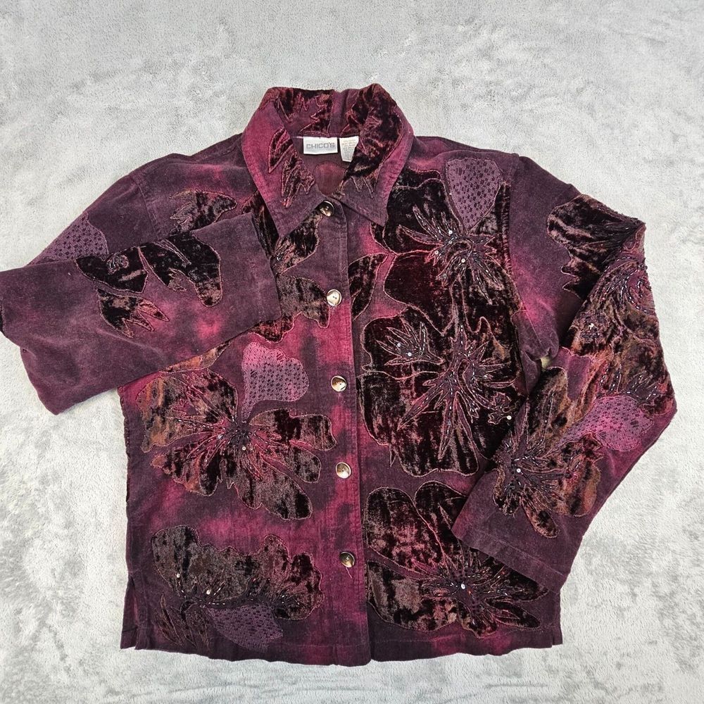 Chico's Dress Jacket Womens 0 Burgundy‎ Beaded Sequin Applique Velvet Button Up